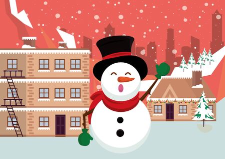 christmas snowscape scene with snowman vector illustration designのイラスト素材