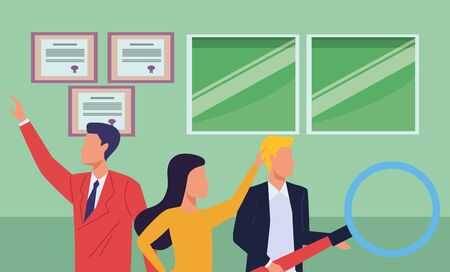 Group of business partners with business and symbols, executive entrepreneur teamwork inside office building scenery ,vector illustration graphic design.のイラスト素材