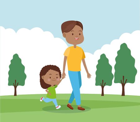 cartoon father walking with his daughter in the park, colorful design , vector illustrationのイラスト素材