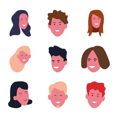 set of young people faces smiling over white background, colorful design. vector illustrationのイラスト素材