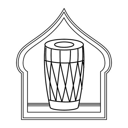 drum mridangam with hanging lantern and silhouette into a asiatic shape frame icon cartoon isolated in black and white vector illustration graphic designのイラスト素材