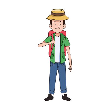 cartoon tourist with beach hat and backpack icon over white background, colorful design. vector illustrationのイラスト素材
