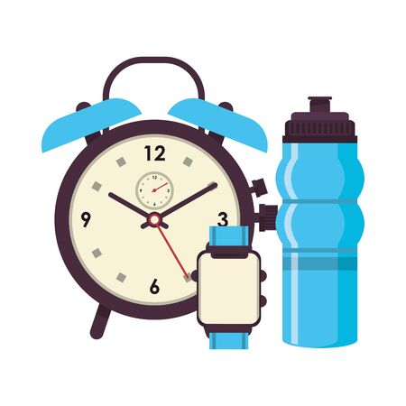 fitness equipment workout health and alarm clock watch water flask symbols vector illustration graphic designのイラスト素材