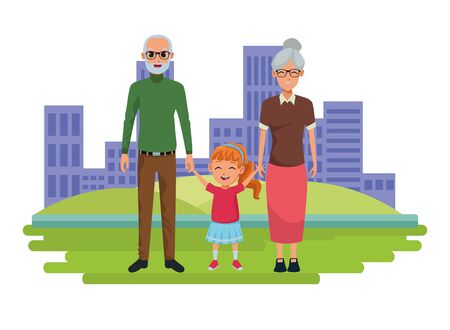 Family grandparents hand of with granddaughter cartoons on city park scenery background ,vector illustration graphic design.のイラスト素材