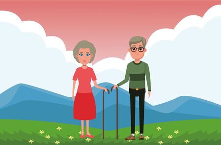 elderly people avatar old woman with cane and old man with glasses and cane profile picture cartoon character portraitのイラスト素材