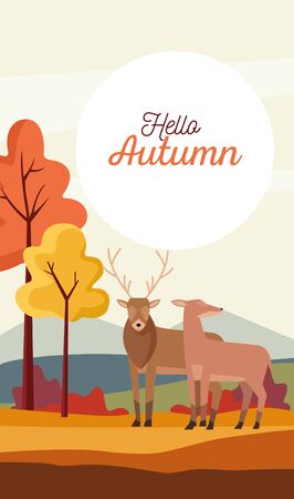 hello autumn season scene with reindeer couple illustration designのイラスト素材