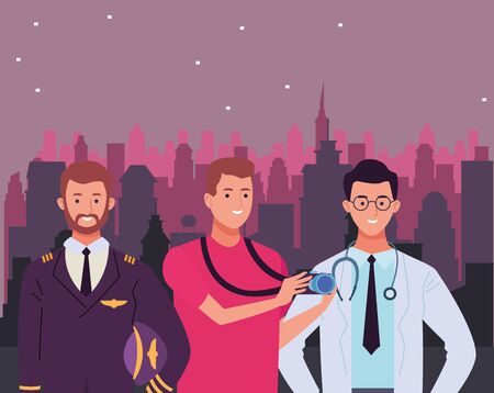 Professionals workers smiling with work tools cartoons in the city at night, urban scenery backgroundのイラスト素材