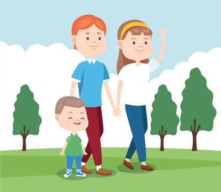 cartoon happy family walking in the park, colorful design , vector illustrationのイラスト素材