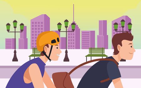 Friends riding in bicycle and skates with helmet cartoon in the city urban scenery background ,vector illustration graphic design.のイラスト素材