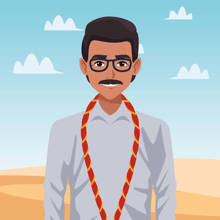 indian asian religion oriental culture, man with moustache wearing glasses isolated cartoon vector illustration graphic designのイラスト素材