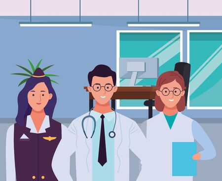 Professionals workers smiling with work tools cartoons inside office with computer on desk ,vector illustration graphic design.のイラスト素材