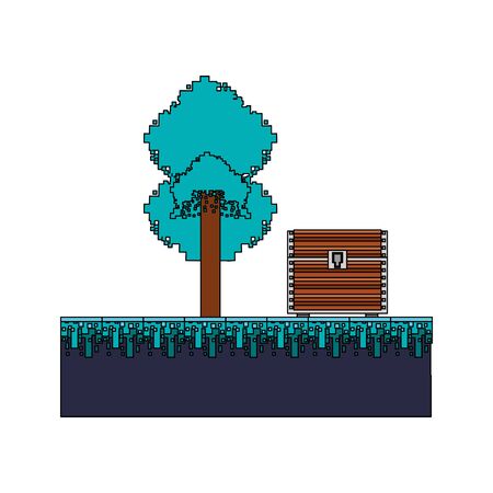 videogame pixelated retro art digital entertainment, wooden coffer and tree cartoon vector illustration graphic designのイラスト素材