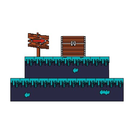 videogame pixelated retro art digital entertainment, wooden arrow direction sign with coffer cartoon vector illustration graphic designのイラスト素材