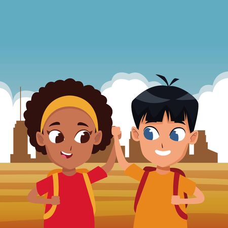 adorable cute children, girl with a boy school students wearing backpack happy childhood cartoon in the city urban scenery background vector illustration graphic design.のイラスト素材