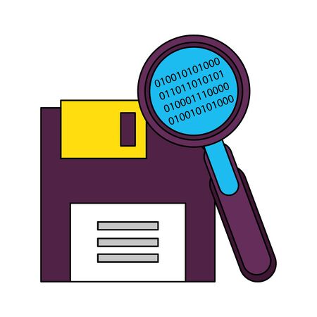 magnifying glass checking system codes in diskette technology cartoon vector illustration graphic designのイラスト素材