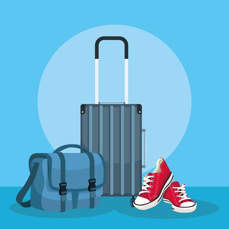 Travel adventure backpack luggage and shoes on blue background vector illustration graphic design.のイラスト素材