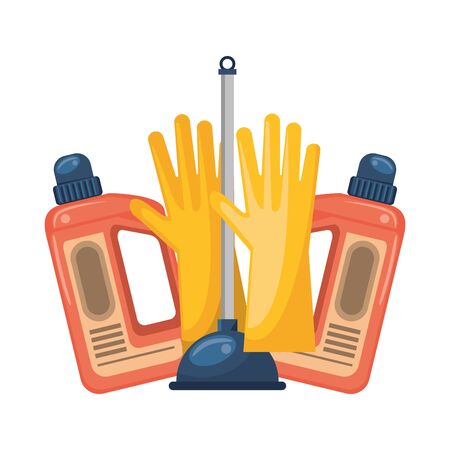 Cleaning equipment and products gloves and soap bottles with toilet pump vector illustration graphic design.のイラスト素材