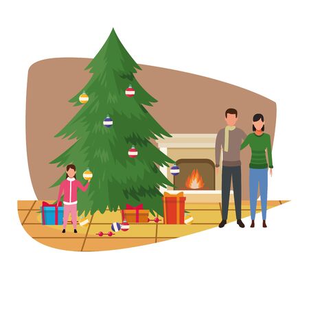 Christmas tree and happy couple and little girl over white background, colorful design. vector illustrationのイラスト素材