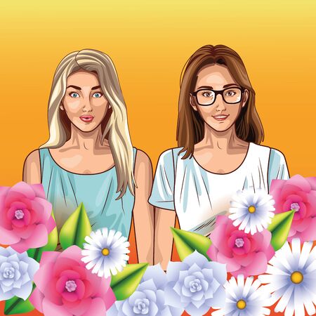 Pop art two women models smiling with casual clothes cartoon on colorful background with flowers ,vector illustration graphic design.のイラスト素材