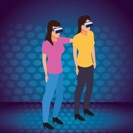 virtual reality technology, young women living a modern digital experience with headset glassescartoon on blue digital background ,vector illustration.のイラスト素材