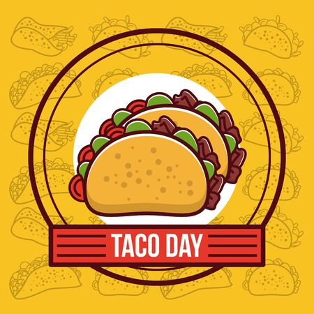 Taco day mexican food round label yellow emblem with ribbon banner cartoon vector illustration graphic design.のイラスト素材