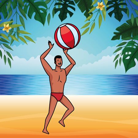 Young man in summer playing with beach ball time cartoon on beach scenery background vector illustration graphic designのイラスト素材