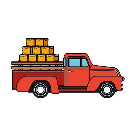 classic farm pickup with bales of hay over white background, vector illustrationのイラスト素材
