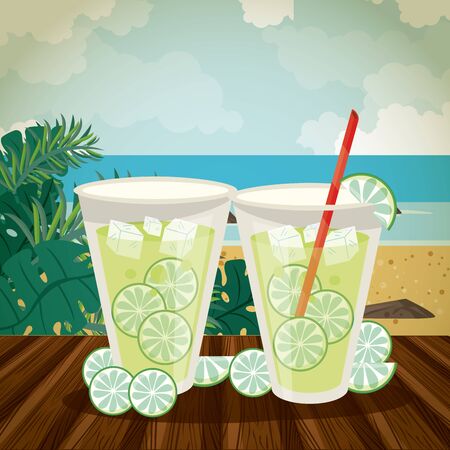 Delicious and refreshment lemonade drinks on beach summer cartoons vector illustrationのイラスト素材