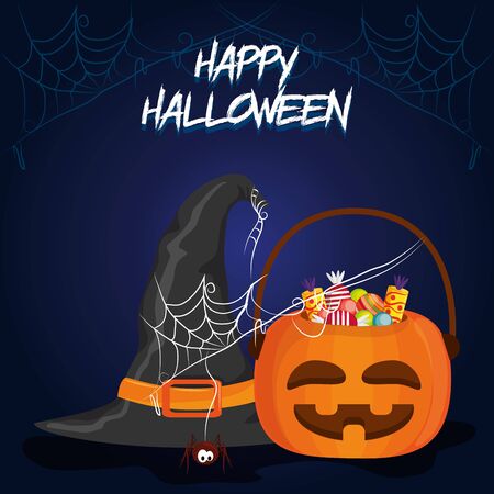 happy halloween scary night october dark celebration holiday card with pumpkin sweets bag cartoon vector illustration graphic designのイラスト素材