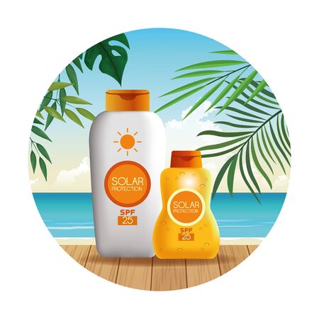 Solar protection bottles set of products for summer on beach scenery with palms leaves at sunny day, sun bronzers and cosmetics. round icons vector illustration graphic designのイラスト素材