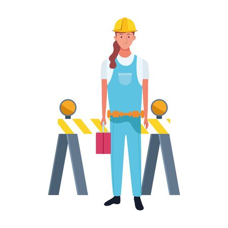 cartoon repair woman worker and traffic barrier over white background, vector illustrationのイラスト素材