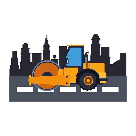 Construction vehicle steamroller in the city scenery vector illustration graphic designのイラスト素材