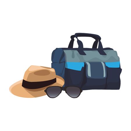 travel handbag with hat and sunglasses icon over white background, vector illustrationのイラスト素材