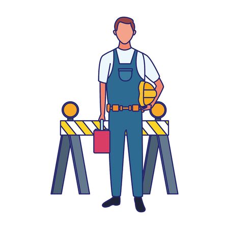 cartoon repair man worker and safety barrier over white background, vector illustrationのイラスト素材