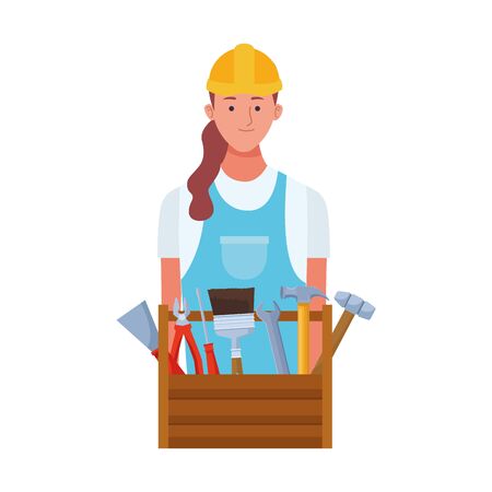 repair worker woman with wooden box with tools over white background, vector illustrationのイラスト素材