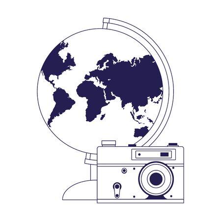 earth globe and photographic camera icon over white background, vector illustrationのイラスト素材