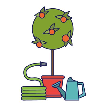Gardening plants and tools tree with hose and water canのイラスト素材