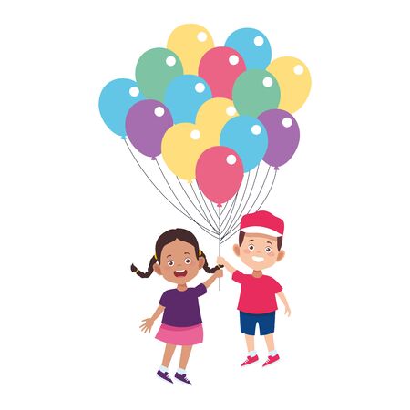 cartoon little boy and girl with colorful ballons over white background, vector illustrationのイラスト素材