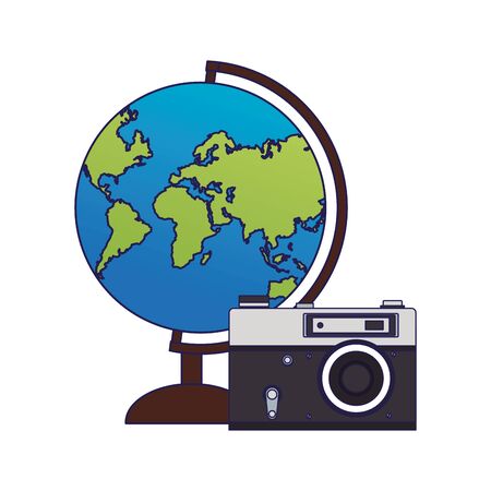 earth globe and photographic camera icon over white background, vector illustrationのイラスト素材
