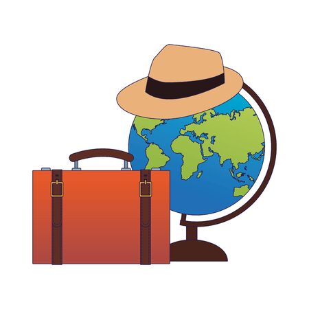 globe with hat and travel suitcase icon over white background, vector illustrationのイラスト素材