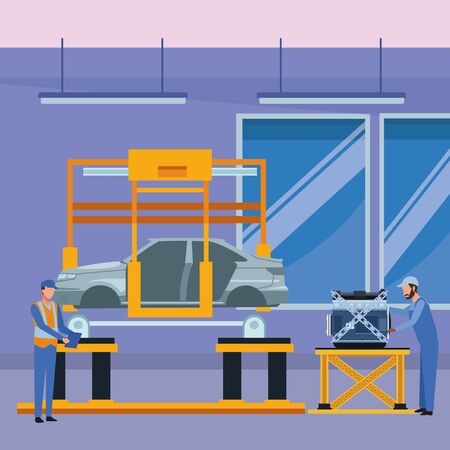 car service manufacturing workers assembling cartoon vector illustration graphic designのイラスト素材