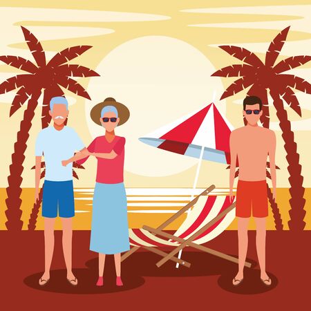 avatar old couple and man enjoying the beach, colorful design. vector illustrationのイラスト素材
