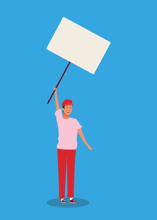 cartoon man standing with blank poster over blue background, colorful design. vector illustrationのイラスト素材
