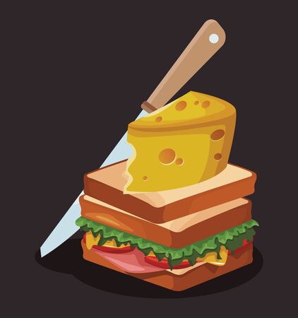 sandwich with big cheese slice and knife over black background, colorful design , vector illustrationのイラスト素材