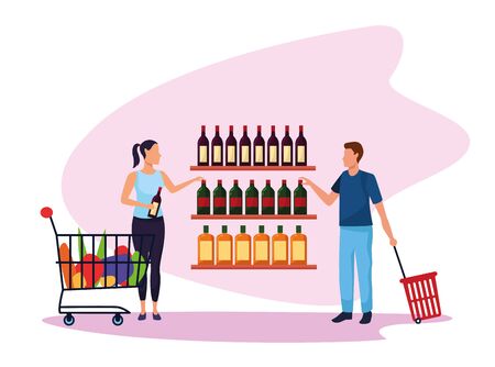 avatar woman with supermarket car and man with basket at supermarket stand over white background, colorful design , vector illustrationのイラスト素材