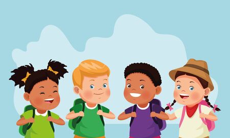 cartoon kids and explorer girl over blue background, colorful design , vector illustrationのイラスト素材