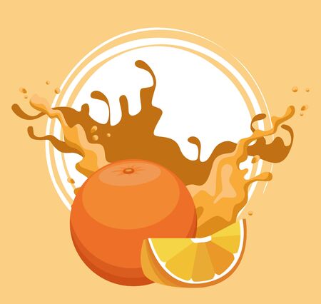 orange fruit and splash of the juice over orange background, colorful design , vector illustrationのイラスト素材