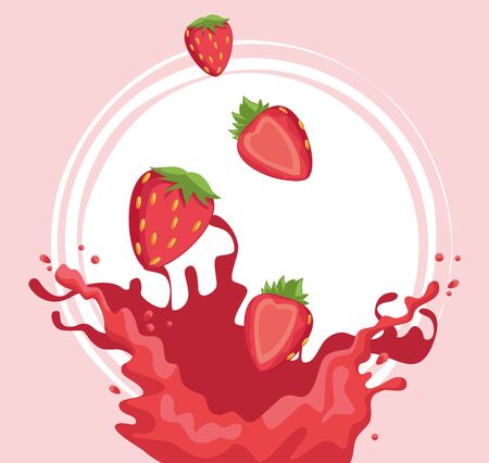strawberry fruits falling and splash of the juice over pink background, colorful design , vector illustrationのイラスト素材