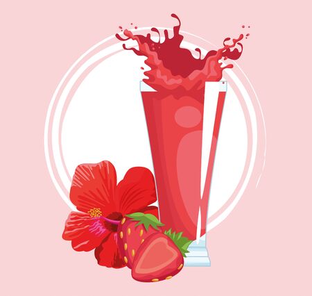tropical flower with strawberry juice over pink background, colorful design , vector illustrationのイラスト素材