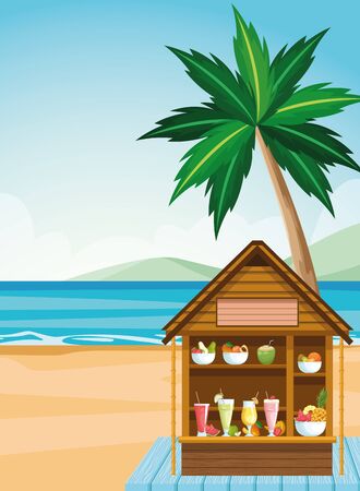house with tropical fruits and juices at the beach, colorful design , vector illustrationのイラスト素材
